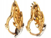 Vintage French 18ct Gold & Platinum Feather Earrings set with Diamonds