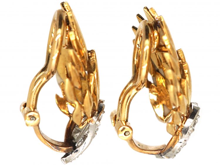 Vintage French 18ct Gold & Platinum Feather Earrings set with Diamonds
