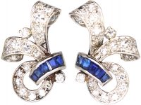 Retro 18ct White Gold Scroll Motif Earrings set with Sapphires & Diamonds Retro 18ct White Gold Scroll Motif Earrings set with Sapphires & Diamonds