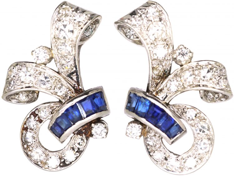 Retro 18ct White Gold Scroll Motif Earrings set with Sapphires & Diamonds