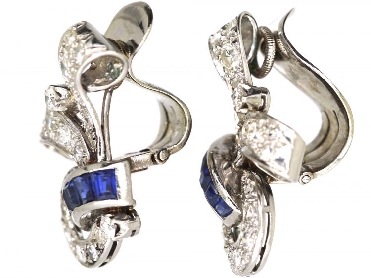 Retro 18ct White Gold Scroll Motif Earrings set with Sapphires & Diamonds
