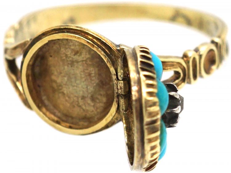 Georgian 15ct Gold Turquoise & Diamond Cluster Locket Ring