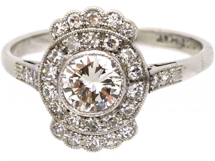 Art Deco 18ct White Gold & Platinum Diamond Cluster Ring with Diamonds Above & Below