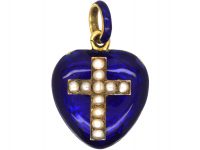 Early Victorian 15ct Gold, Blue Enamel Heart Pendant with Natural Split Pearl Cross Early Victorian 15ct Gold, Blue Enamel Heart Pendant with Natural Split Pearl Cross