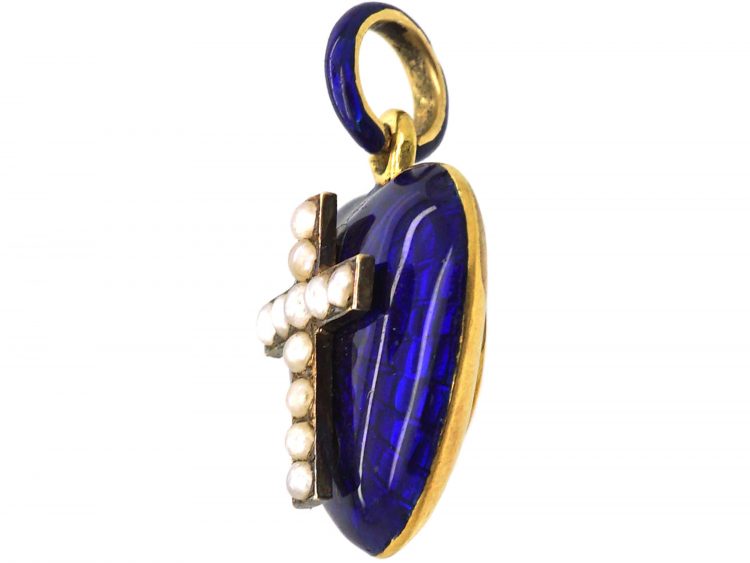 Early Victorian 15ct Gold, Blue Enamel Heart Pendant with Natural Split Pearl Cross