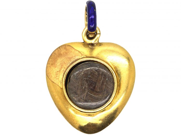 Early Victorian 15ct Gold, Blue Enamel Heart Pendant with Natural Split Pearl Cross