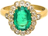 Edwardian 18ct Gold, Emerald & Diamond Oval Cluster Ring
