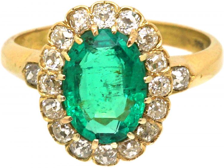 Edwardian 18ct Gold, Emerald & Diamond Oval Cluster Ring