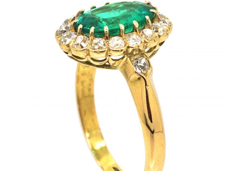 Edwardian 18ct Gold, Emerald & Diamond Oval Cluster Ring
