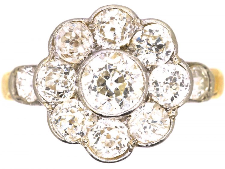 Edwardian 18ct Gold & Platinum Diamond Cluster Ring with Diamond Set Shoulders