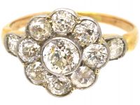 Edwardian 18ct Gold & Platinum Diamond Cluster Ring with Diamond Set Shoulders
