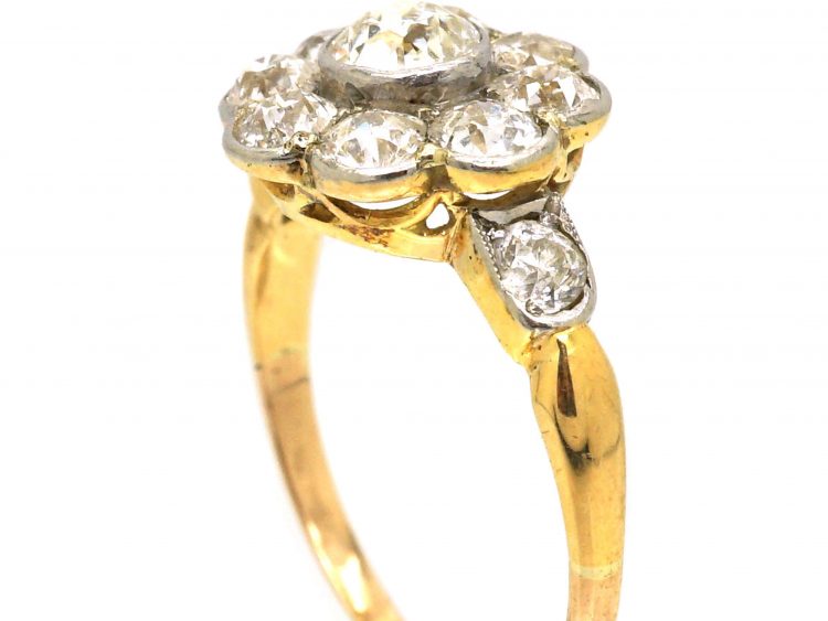 Edwardian 18ct Gold & Platinum Diamond Cluster Ring with Diamond Set Shoulders