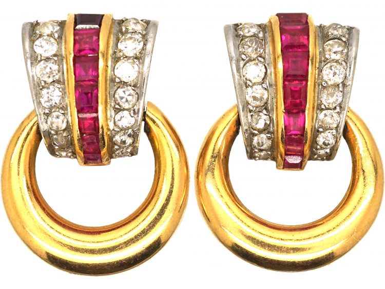 Retro French 18ct Gold Ruby & Diamond Retro Hoop Earrings