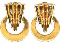 Retro French 18ct Gold Ruby & Diamond Retro Hoop Earrings