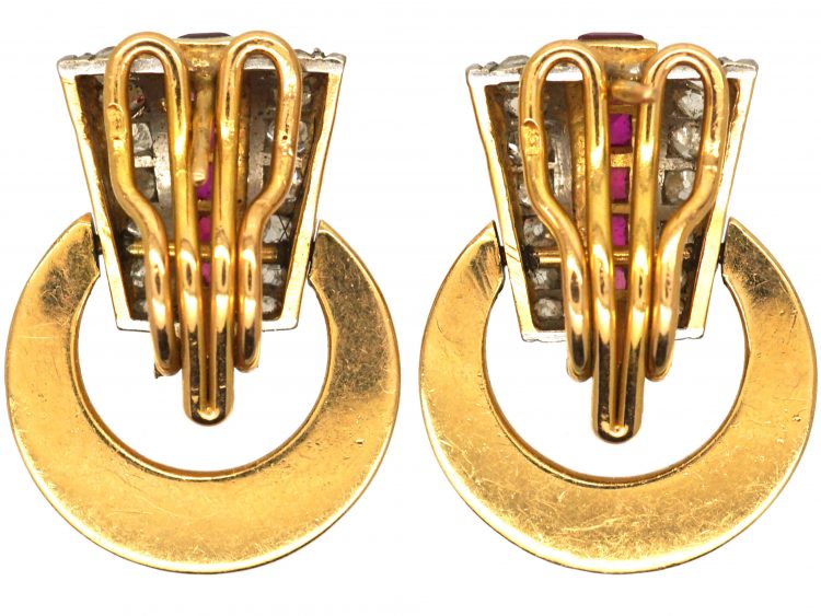 Retro French 18ct Gold Ruby & Diamond Retro Hoop Earrings