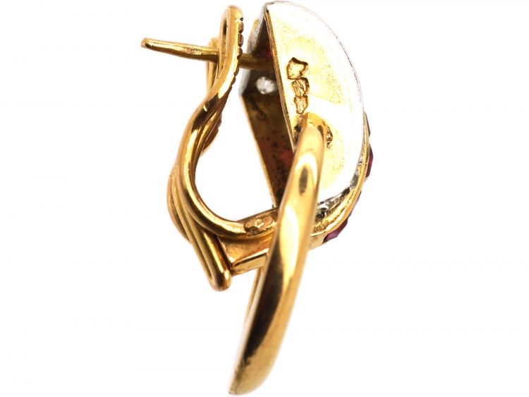 Retro French 18ct Gold Ruby & Diamond Retro Hoop Earrings