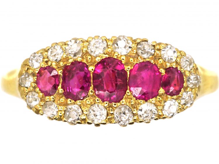 Edwardian 18ct Gold Boat Shaped Ring set with Diamonds & Rubies