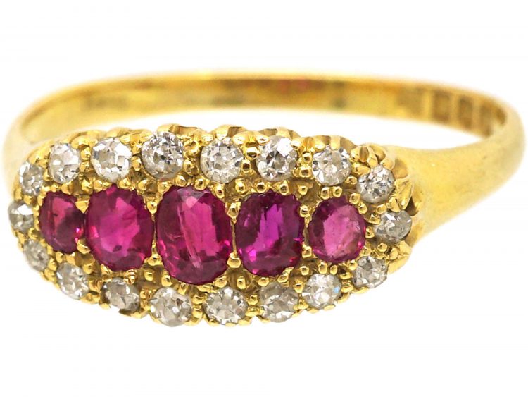Edwardian 18ct Gold Boat Shaped Ring set with Diamonds & Rubies