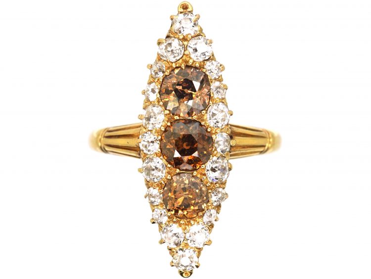 Edwardian 18ct Gold Marquise Ring set with Brown & White Diamonds