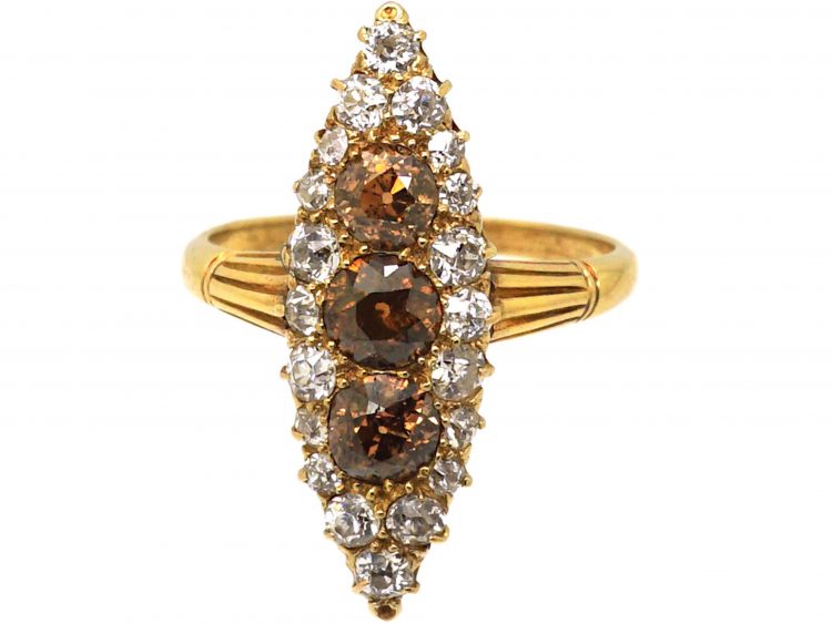 Edwardian 18ct Gold Marquise Ring set with Brown & White Diamonds