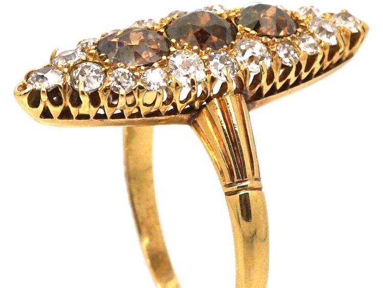 Edwardian 18ct Gold Marquise Ring set with Brown & White Diamonds