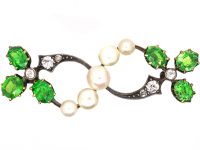 Edwardian 15ct Gold & Silver Trefoil Brooch set with Natural Pearls, Green Garnets & Diamonds Edwardian 15ct Gold & Silver Trefoil Brooch set with Natural Pearls, Green Garnets & Diamonds
