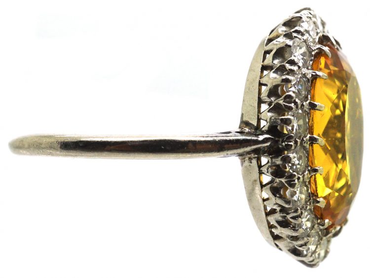 Early 20th Century Platinum Yellow Sapphire & Diamond Oval Cluster Ring