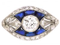French Platinum Art Deco Diamond & Sapphire Ring