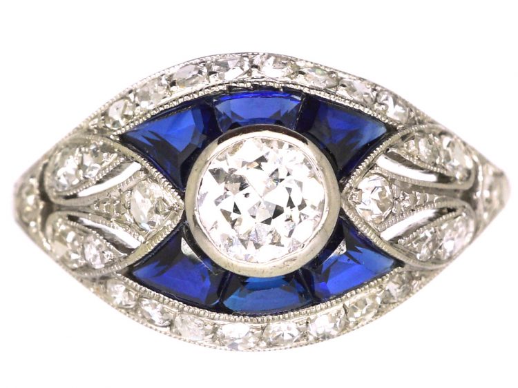 French Platinum Art Deco Diamond & Sapphire Ring