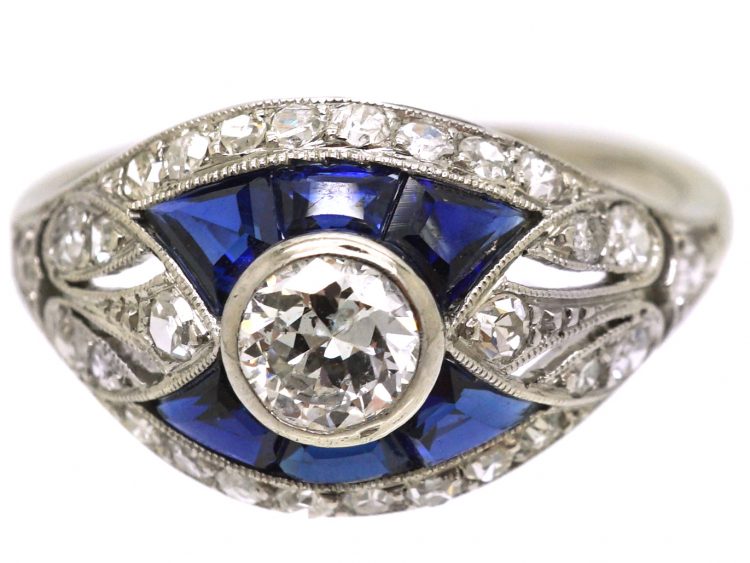 French Platinum Art Deco Diamond & Sapphire Ring