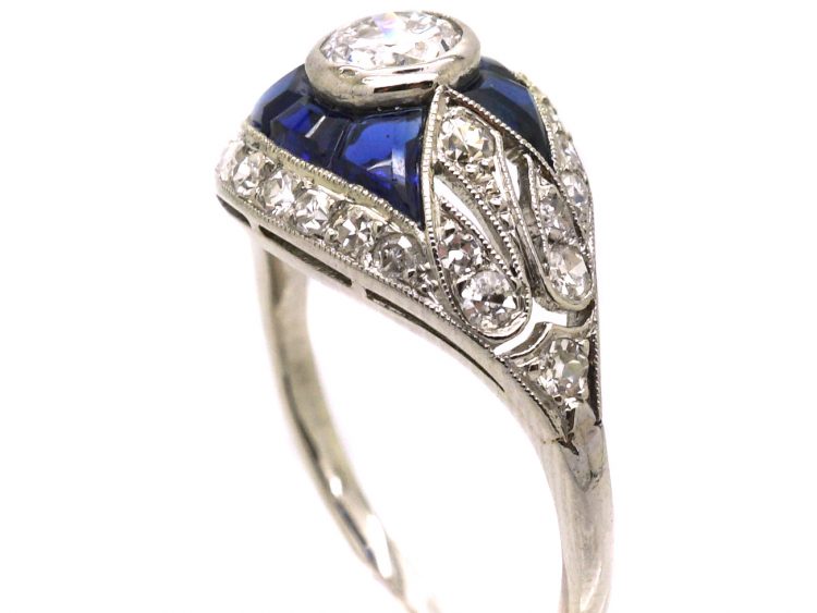 French Platinum Art Deco Diamond & Sapphire Ring