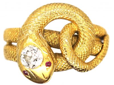 Victorian 18ct Gold Engraved Snake Ring set with Diamond & Ruby Eyes
