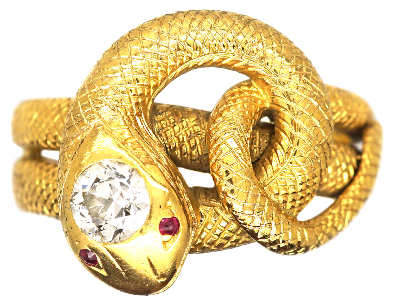 Victorian 18ct Gold Engraved Snake Ring Set With Diamond Ruby Eyes victorian-18ct-gold-engraved-snake-ring-set-with-diamond-ruby-eyes