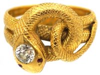 Victorian 18ct Gold Engraved Snake Ring set with Diamond & Ruby Eyes