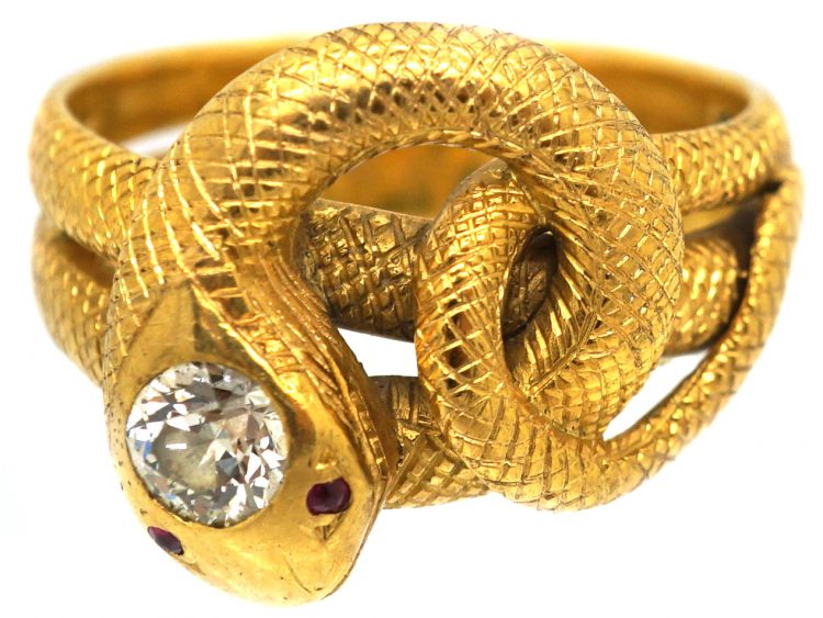 Victorian 18ct Gold Engraved Snake Ring set with Diamond & Ruby Eyes