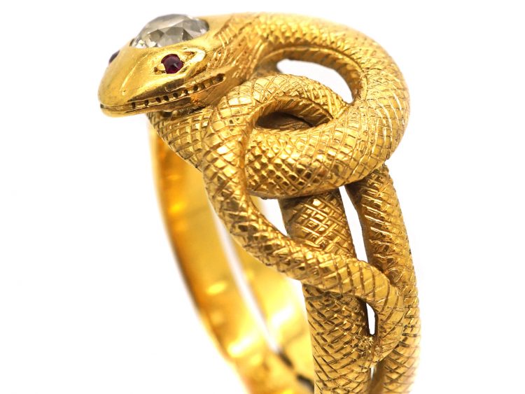 Victorian 18ct Gold Engraved Snake Ring set with Diamond & Ruby Eyes
