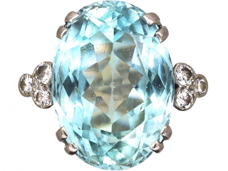 Vintage 18ct White Gold, Large Aquamarine Ring with Diamond Set Shoulders