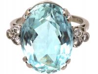 Vintage 18ct White Gold, Large Aquamarine Ring with Diamond Set Shoulders