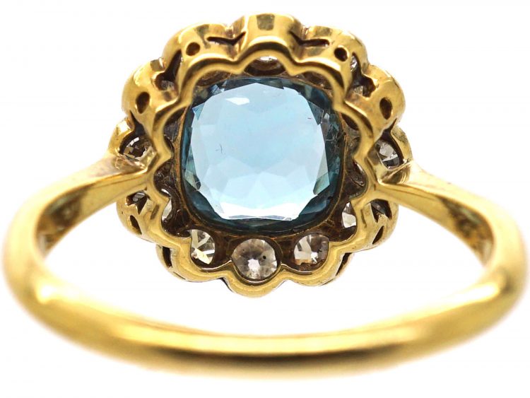 Edwardian 18ct Gold & Platinum Aquamarine & Diamond Cluster Ring