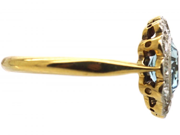 Edwardian 18ct Gold & Platinum Aquamarine & Diamond Cluster Ring