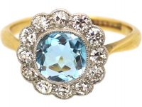 Edwardian 18ct Gold & Platinum Aquamarine & Diamond Cluster Ring