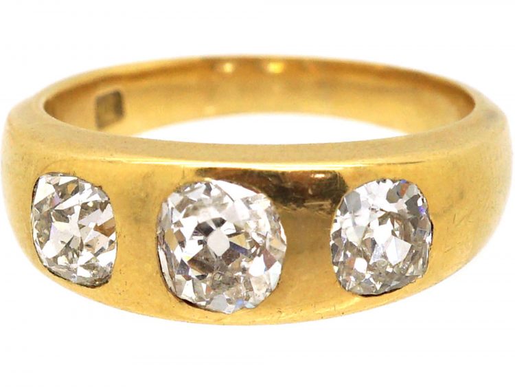 Victorian 18ct Gold Three Stone Old Mine Cut Diamond Rub Over Set Ring