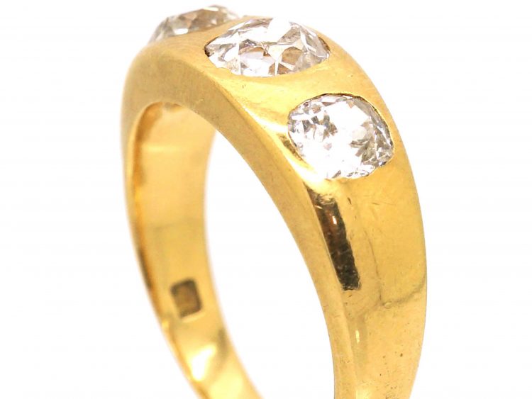Victorian 18ct Gold Three Stone Old Mine Cut Diamond Rub Over Set Ring