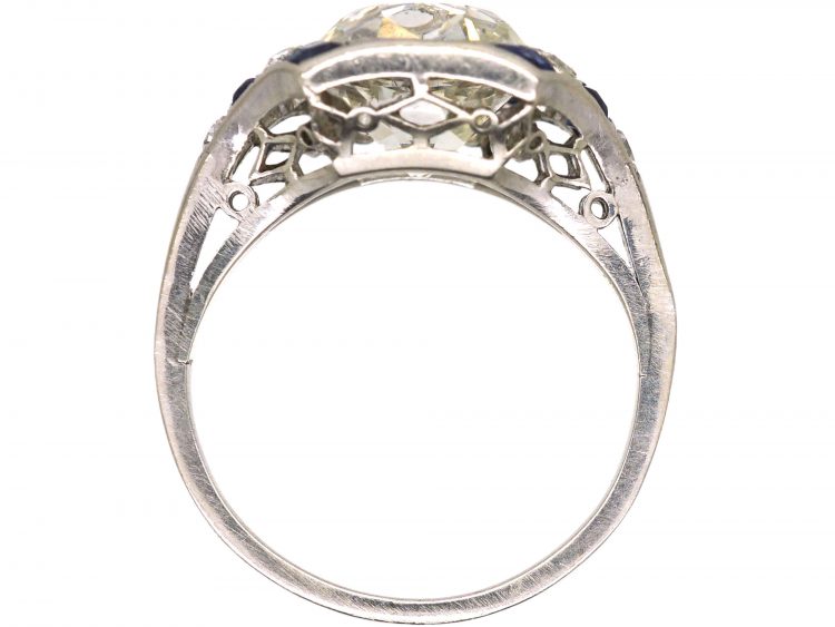 Art Deco Platinum Diamond Solitaire Ring with Calibre Sapphire Detail