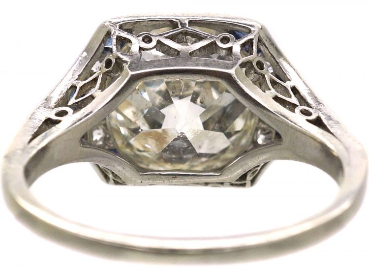 Art Deco Platinum Diamond Solitaire Ring with Calibre Sapphire Detail