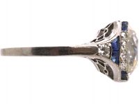 Art Deco Platinum Diamond Solitaire Ring with Calibre Sapphire Detail