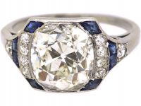 Art Deco Platinum Diamond Solitaire Ring with Calibre Sapphire Detail