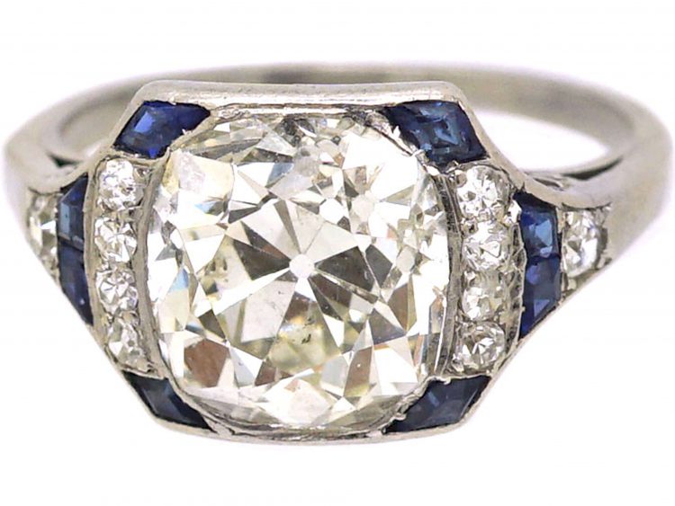 Art Deco Platinum Diamond Solitaire Ring with Calibre Sapphire Detail