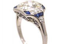 Art Deco Platinum Diamond Solitaire Ring with Calibre Sapphire Detail