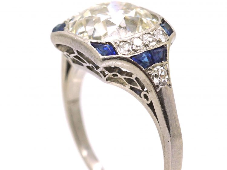 Art Deco Platinum Diamond Solitaire Ring with Calibre Sapphire Detail